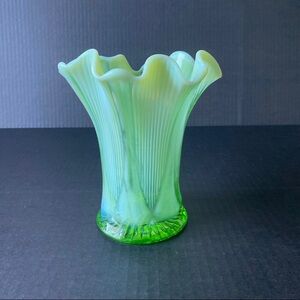 Antique Jefferson Glass Green Opalescent
Heart Swung vase - PreOwned